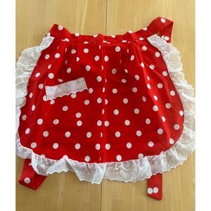 Vintage Red Polka Dot Handmade Cotton Half Apron Pocket Lace Minnie Mouse MCM